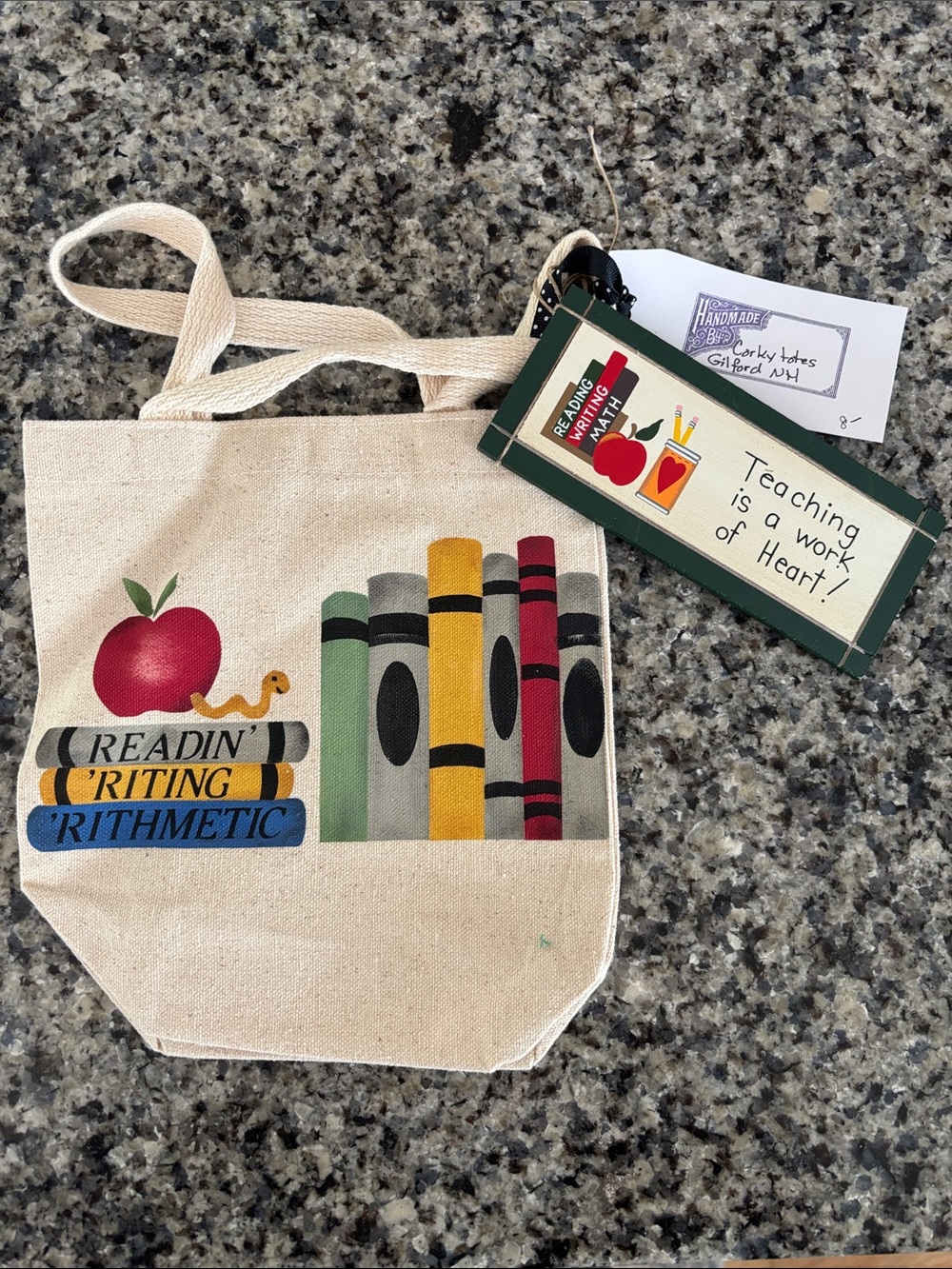 Canvas Teacher Tote with Book & Crayon Print - Red Apple